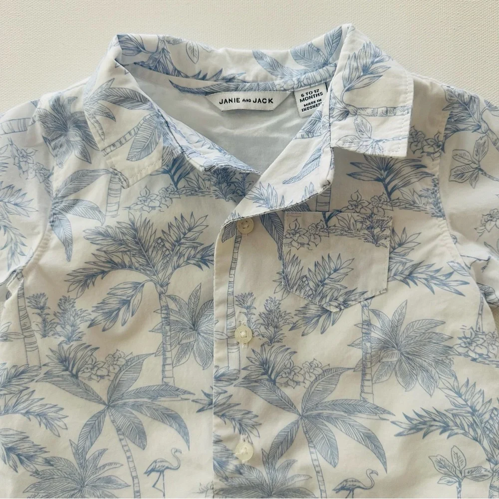 Janie and Jack 6-12 Months Baby Boy Blue White Tropical Romper Spring Summer - Picture 3 of 6